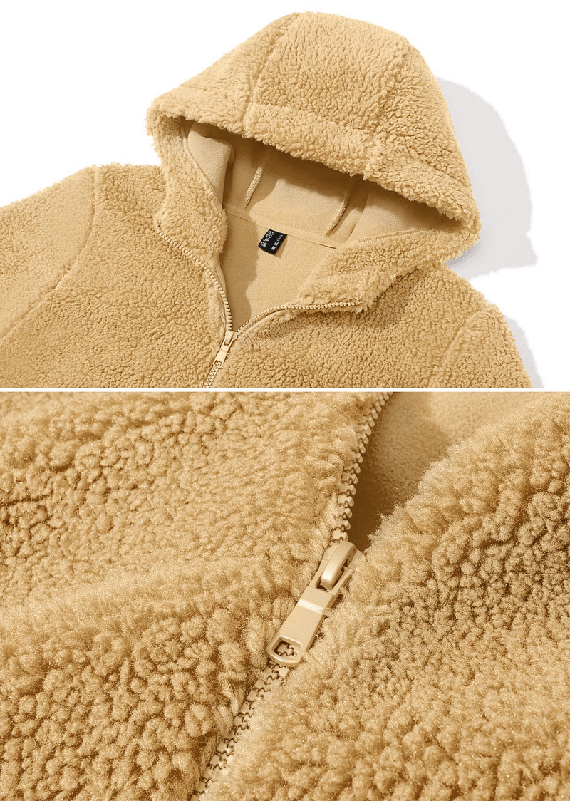 Stylish fluffy women's jacket with hood and zipper, SF0905. Cozy polyester material, perfect for cold weather fashion and functionality.